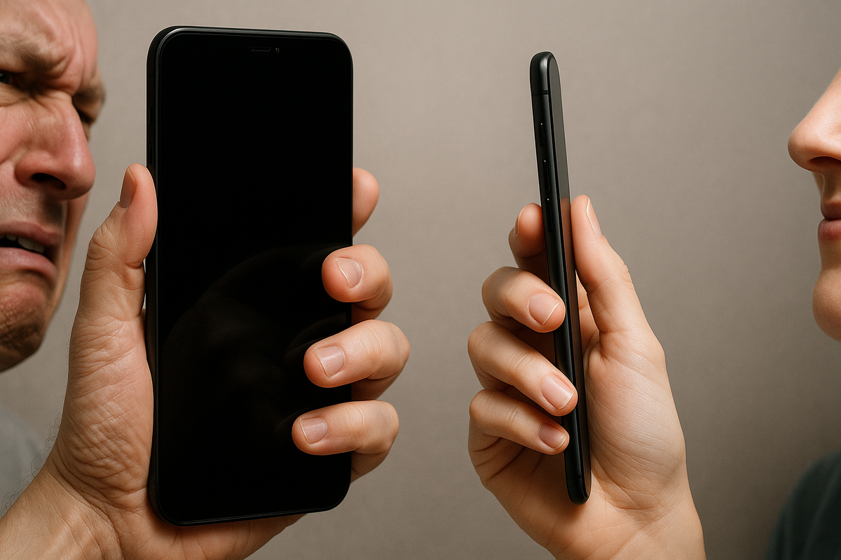 Close-up of frustrated man holding heavy phone vs smiling face with slim light device—emotional clash of struggle and comfort, raw human reaction