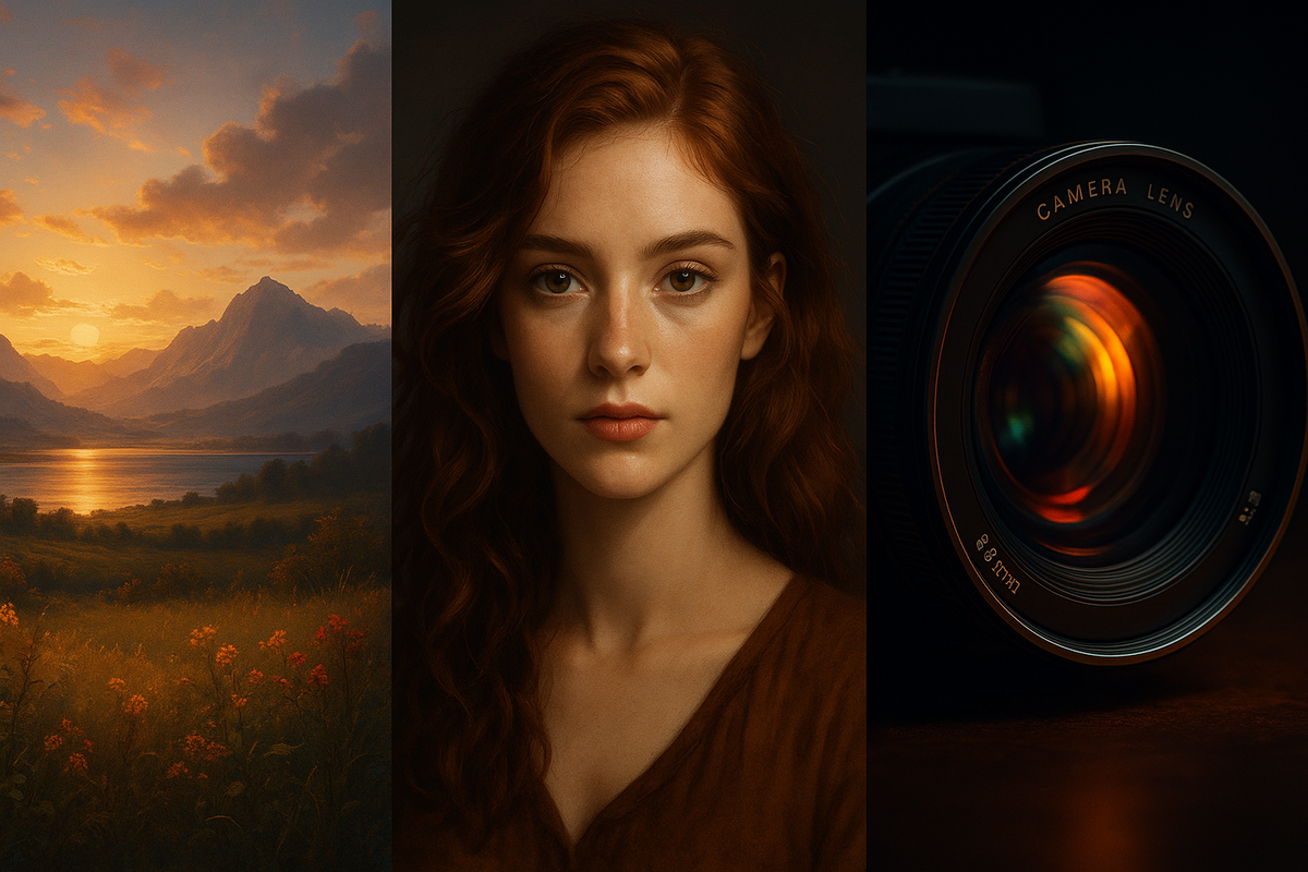 Split view of golden sunset landscape, detailed portrait, and glowing camera lens—emotional showcase of photography power, artistry and precision