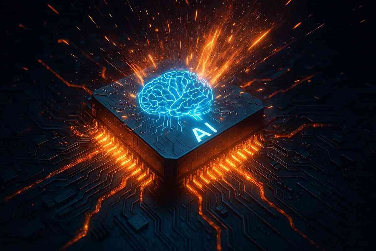 Exploding AI chip with glowing neural brain pattern—fiery sparks of speed, futuristic intelligence, unstoppable digital energy