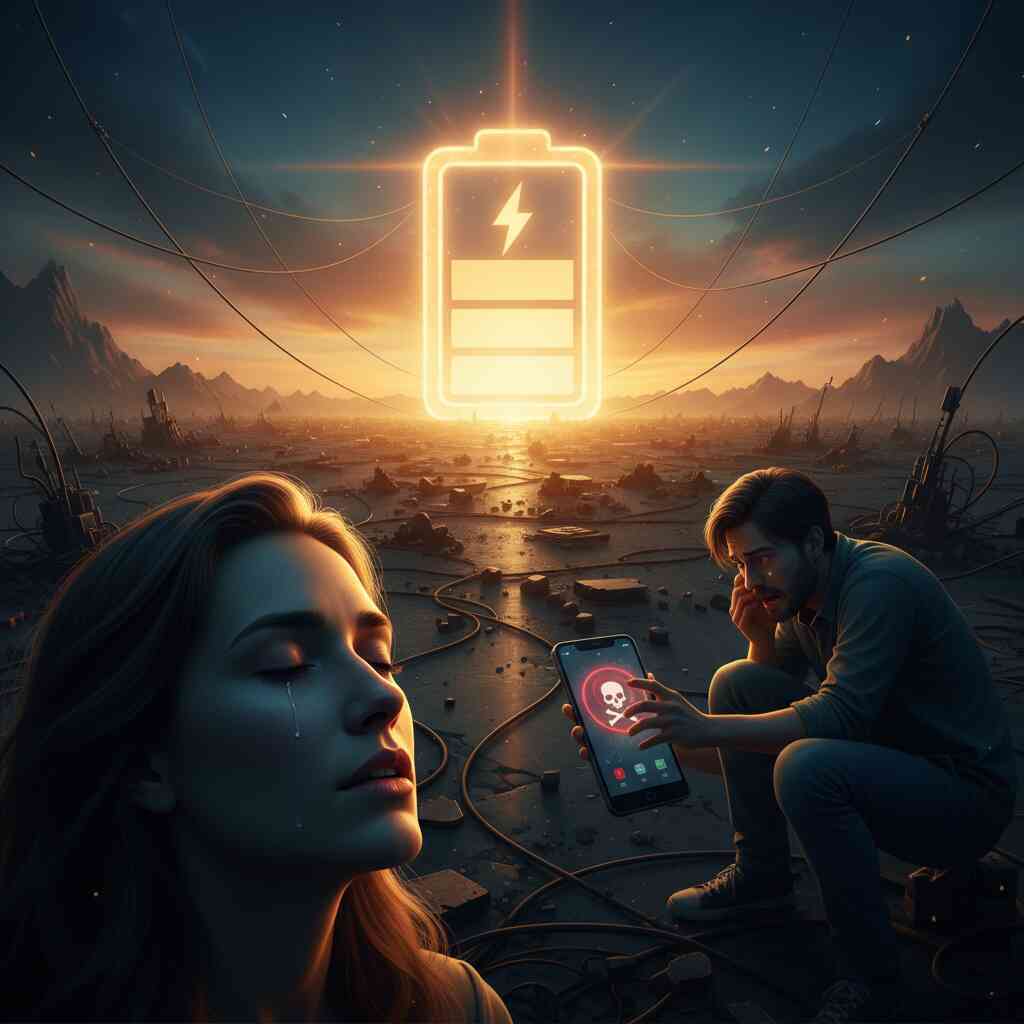 Apocalyptic scene with glowing giant battery in the sky—relief and despair, emotional tension of endurance vs shutdown, dramatic survival vibe