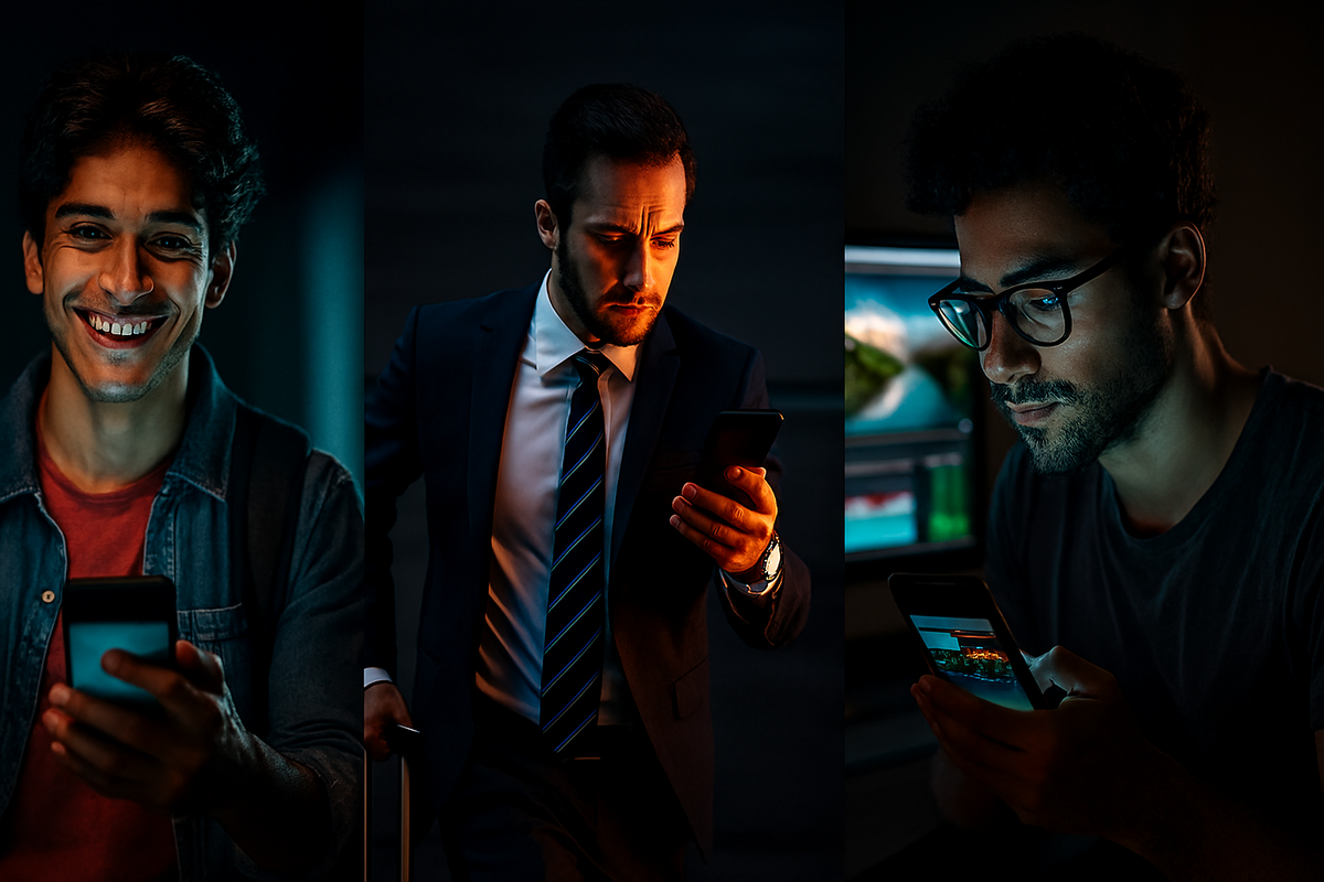 Three personas with smartphones—smiling student, intense businessman, focused creator—emotional choice of perfect model for every lifestyle