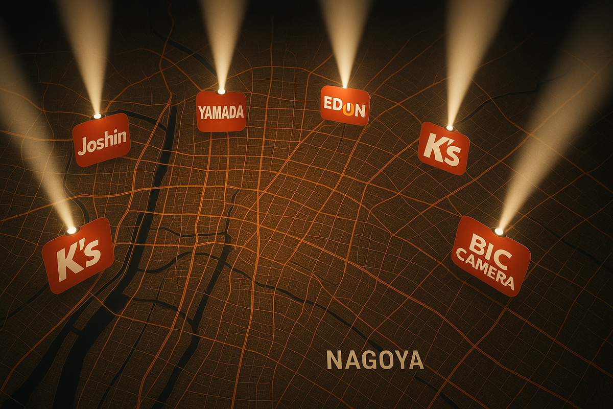 Nagoya city map glowing with spotlights over major electronics retailers—Joshin, Yamada, Edion, K’s, Bic Camera—treasure hunt energy and decisive shopping guide