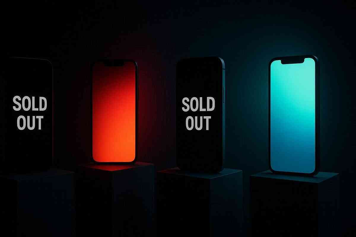 Smartphones on pedestals fading into darkness with bold “SOLD OUT” text—emotional heartbreak of scarcity, dramatic red glow, and survival of the fastest