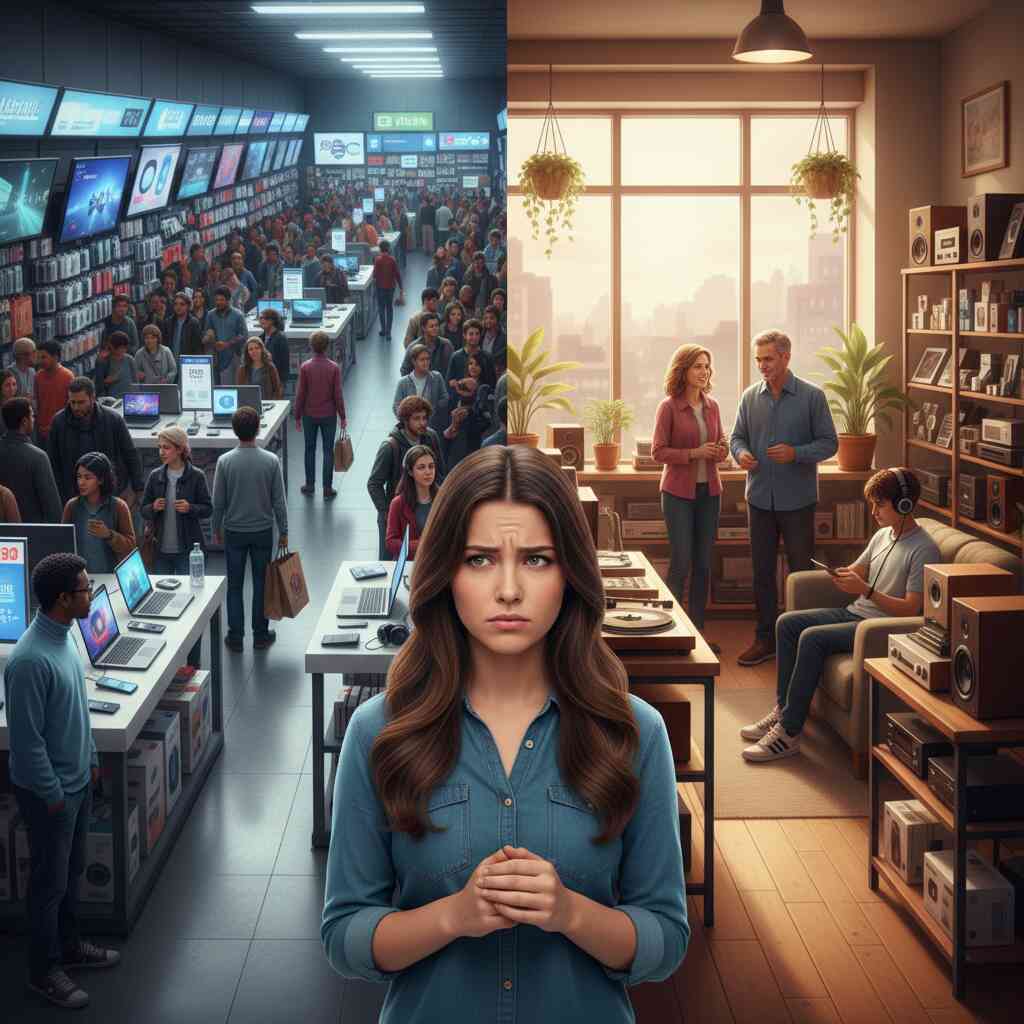 Split scene of crowded downtown electronics store vs calm suburban shop—uncertain shopper caught between stress and relief, urban chaos vs local comfort