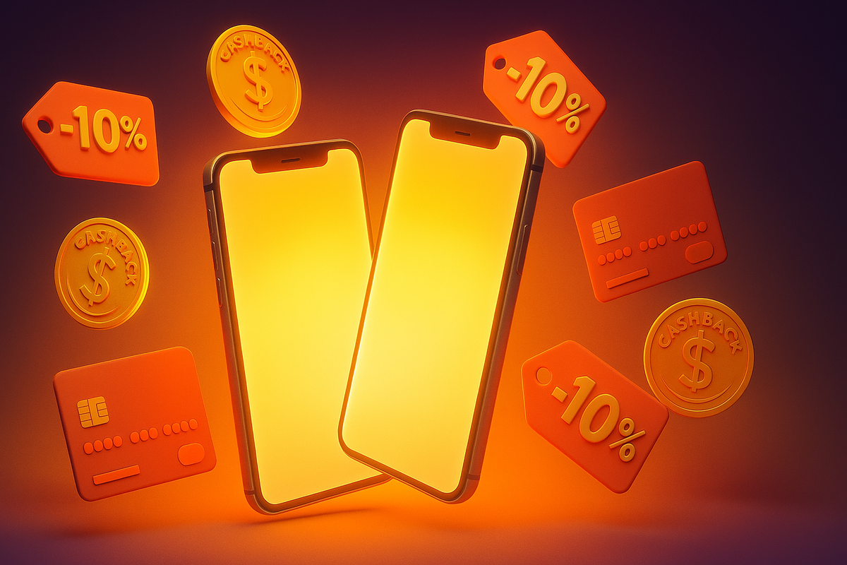 Two glowing smartphones surrounded by cashback coins, credit cards, and -10% tags—fiery aura of savings, irresistible perks, and golden reward energy