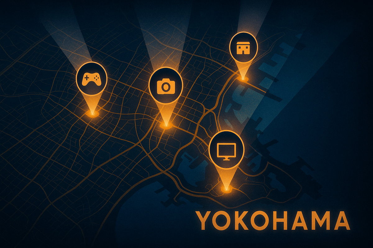 Digital map of Yokohama glowing with golden pins for electronics stores—hopeful seekers tracing hotspots, vibrant excitement of hunting the perfect iPhone17 deal