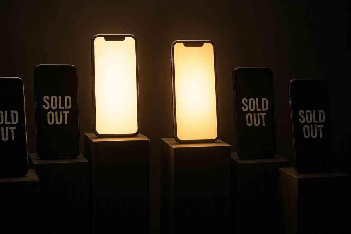 Smartphones on pedestals, some blazing golden light while others marked SOLD OUT—dramatic scarcity, high-stakes tension, only a few shining prizes left