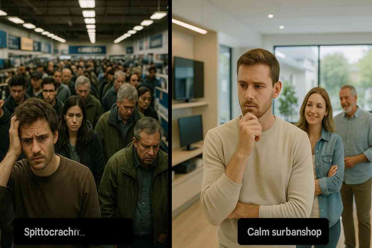 Split-screen contrast of stressed shoppers in a packed city store vs relaxed smiles in a calm suburban shop—emotional clash of frustration versus relief in purchase strategy