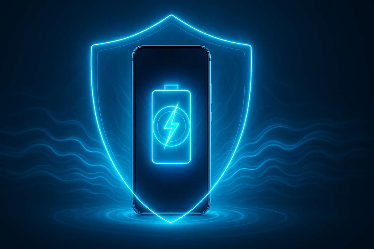 Neon smartphone with glowing battery shield—secure power, unstoppable energy, emotional relief from battery anxiety