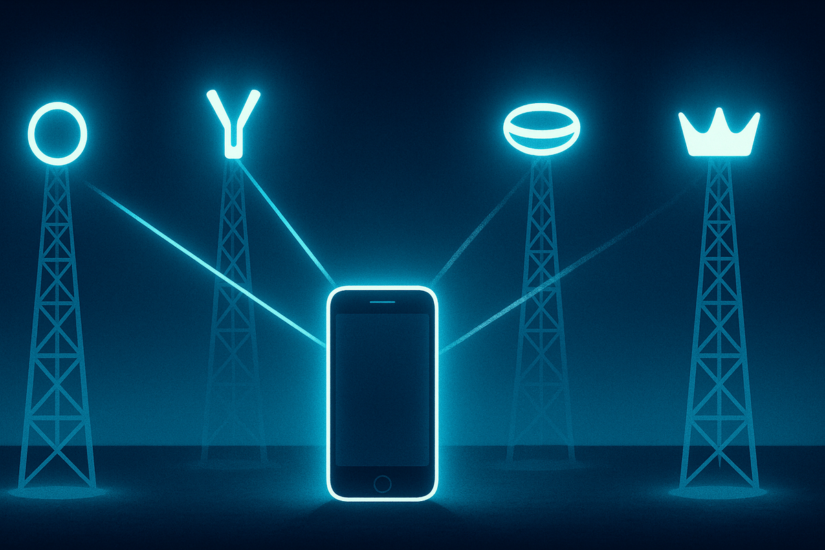 Smartphone connected to multiple glowing towers—freedom of choice, emotional empowerment, carriers united for stronger coverage