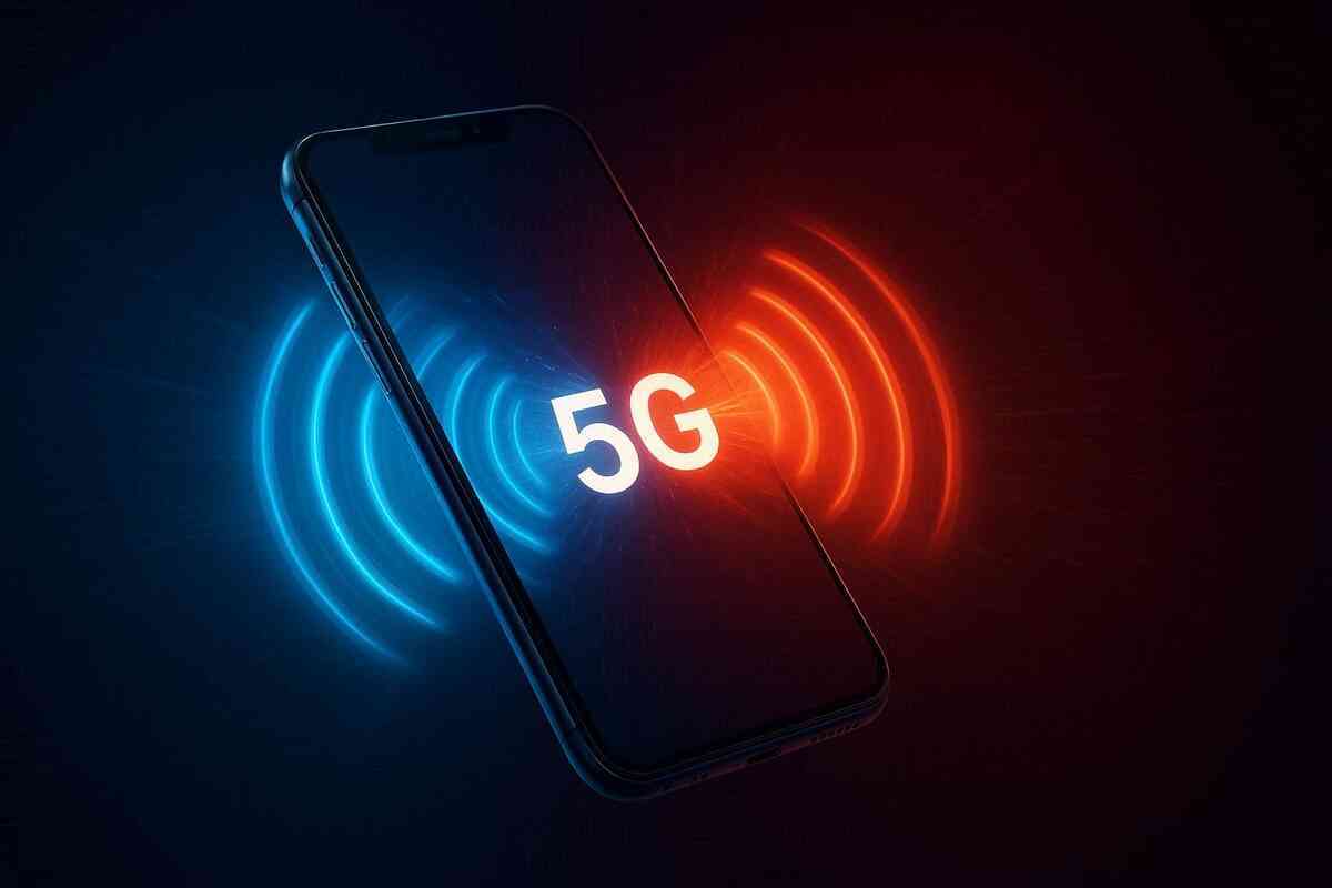 Smartphone radiating blue and red waves with bold 5G—raw speed, electrifying connectivity, emotional thrill of next-gen internet