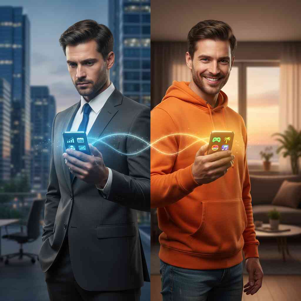 Split-screen man with two glowing phones—business vs private life, emotional balance, empowering freedom of dual eSIM lifestyle