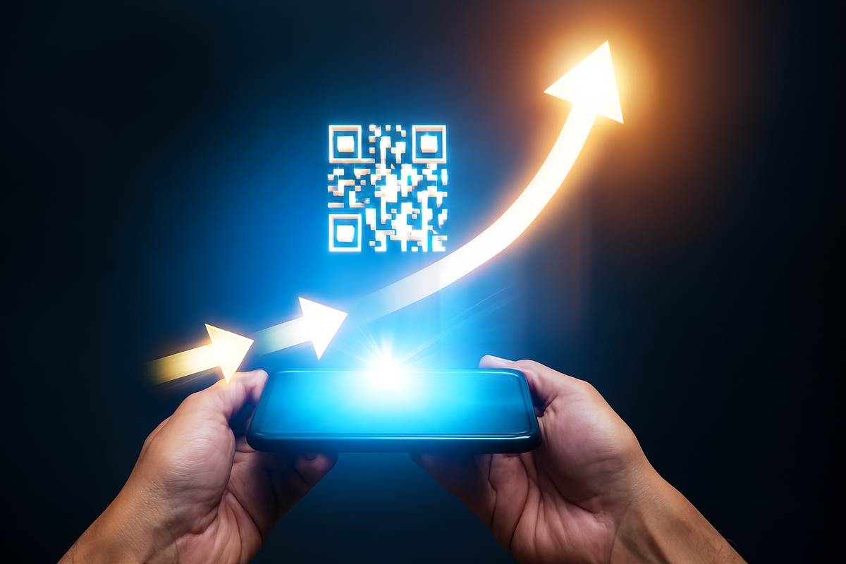 Hands holding smartphone with glowing QR code and arrows rising upward—seamless transfer, effortless upgrade, emotional excitement of progress