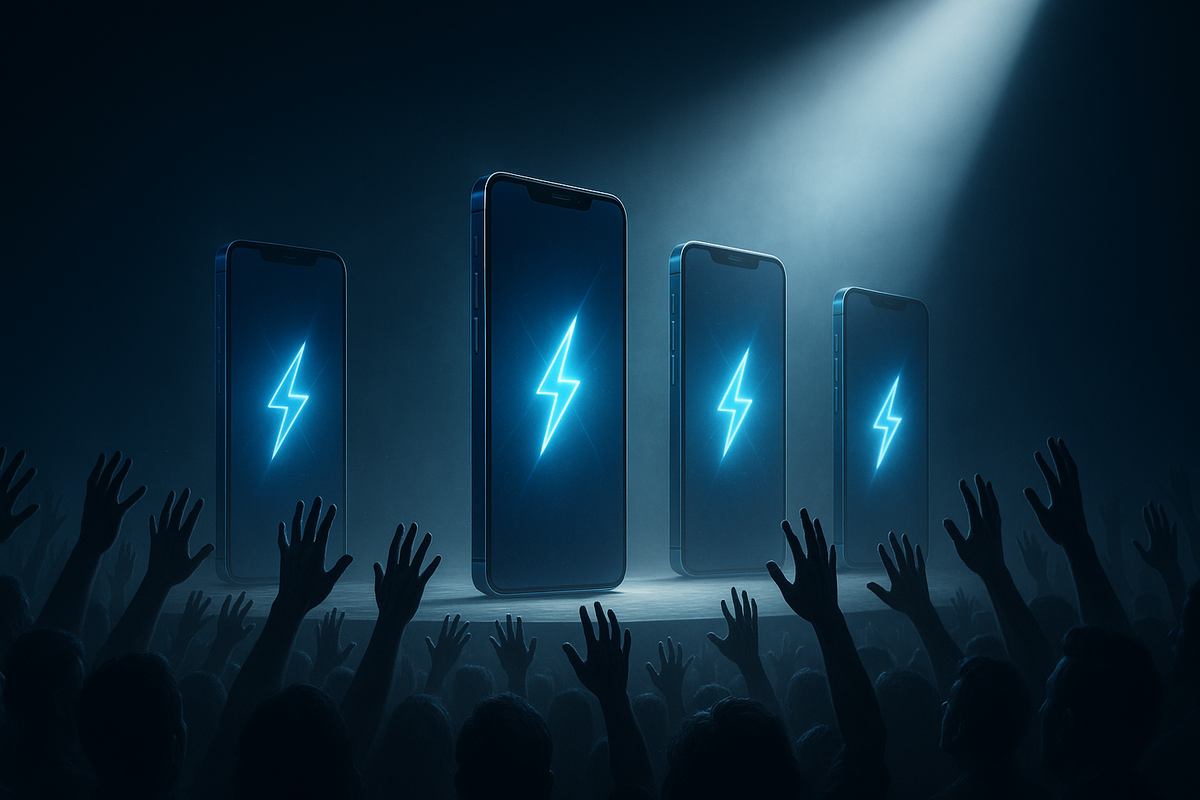 Crowd of raised hands reaching glowing smartphones on stage spotlight—electrifying iPhone 17 hype, raw desire, collective excitement
