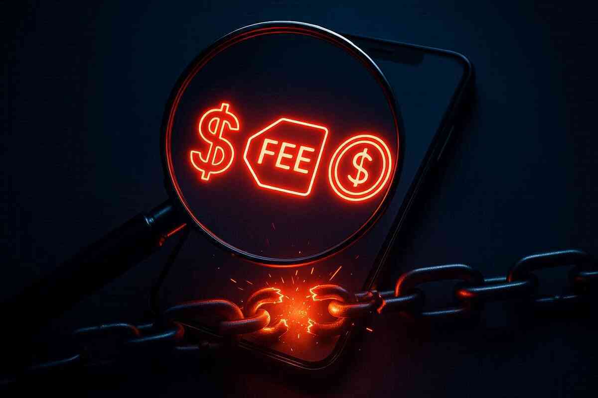 Magnifying glass over phone with red neon FEE and dollar signs, chain breaking—emotional freedom from hidden charges, fierce clarity, cost liberation