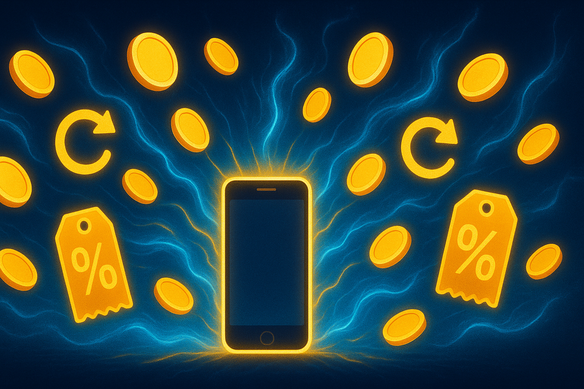 Smartphone glowing golden, coins and % discount tags swirling—magnetic cashback joy, storm of rewards, irresistible savings energy
