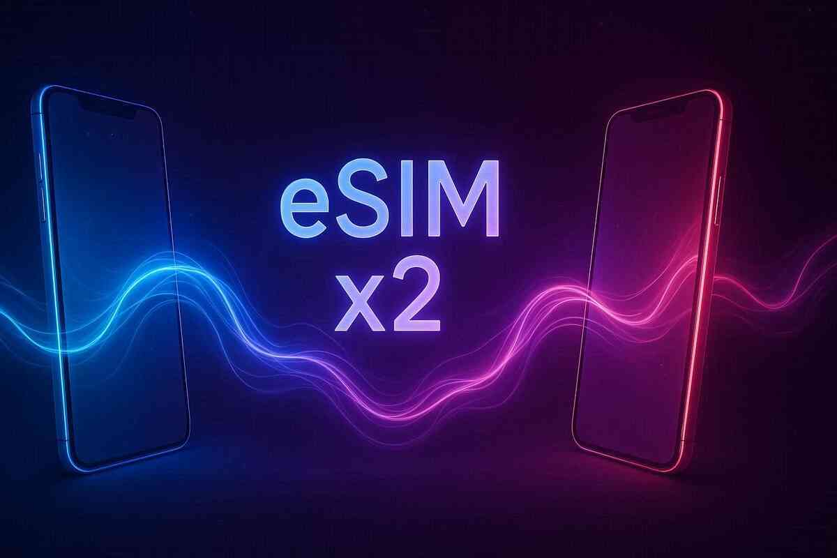 Two futuristic phones connected by neon waves with glowing eSIM x2 text—dual eSIM power, cutting-edge freedom, vibrant digital connection