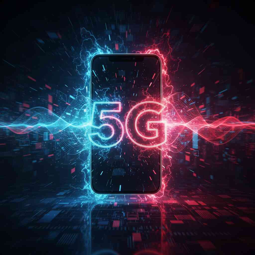 Phone exploding with red and blue lightning, bold 5G glowing—adrenaline rush of speed, unstoppable innovation, raw future shock