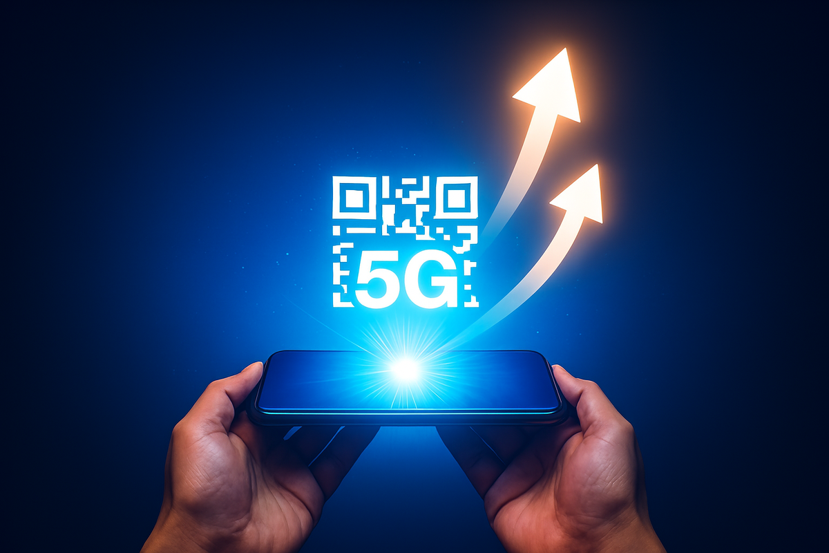 Hands holding smartphone shooting glowing QR code and 5G arrows upward—unstoppable rise of next-gen connectivity, hopeful momentum, blazing upgrade