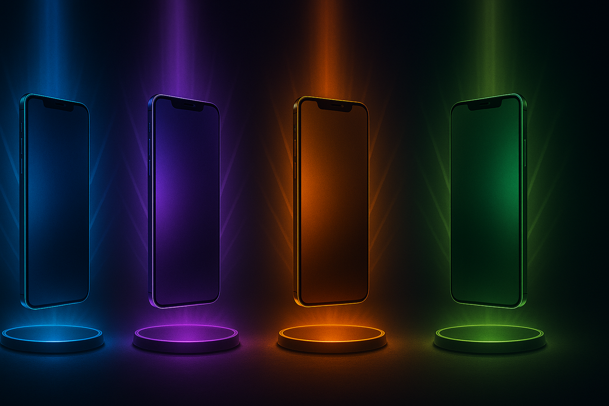 Four glowing smartphones in blue, purple, orange, and green beams—dazzling iPhone color lineup, emotional burst of choice, irresistible variety