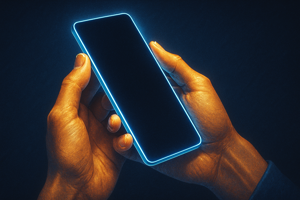 Hands holding a neon glowing smartphone—intimate first-touch moment, emotional connection, futuristic design awe