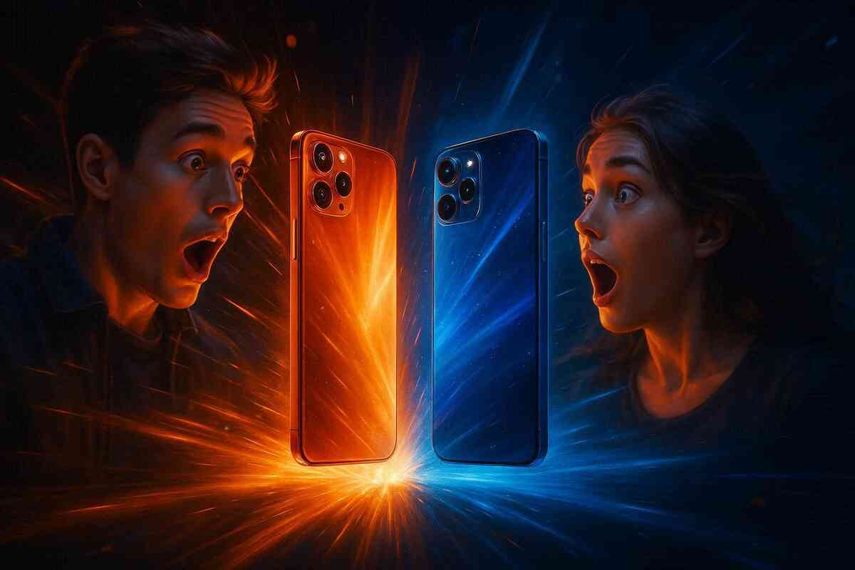 Shocked man and woman facing glowing red and blue phones—emotional clash of new colors, dramatic reveal, explosive wow factor
