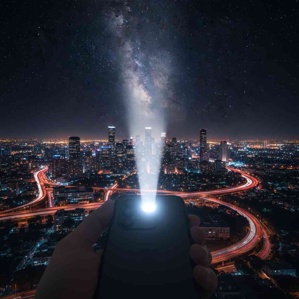 Smartphone flashlight beaming into starry city skyline—night photography magic, cosmic wonder, limitless imagination