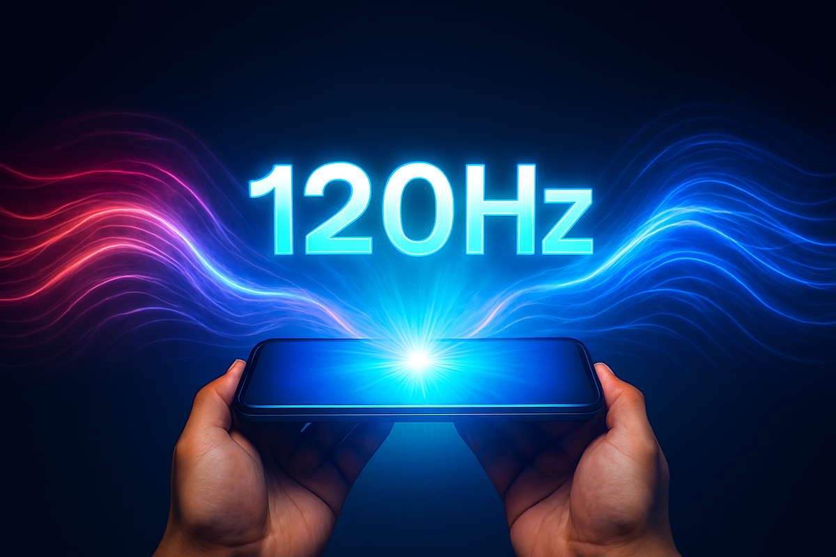 Hands lifting smartphone with glowing 120Hz waves—smooth motion thrill, next-level speed, breathtaking visual fluidity