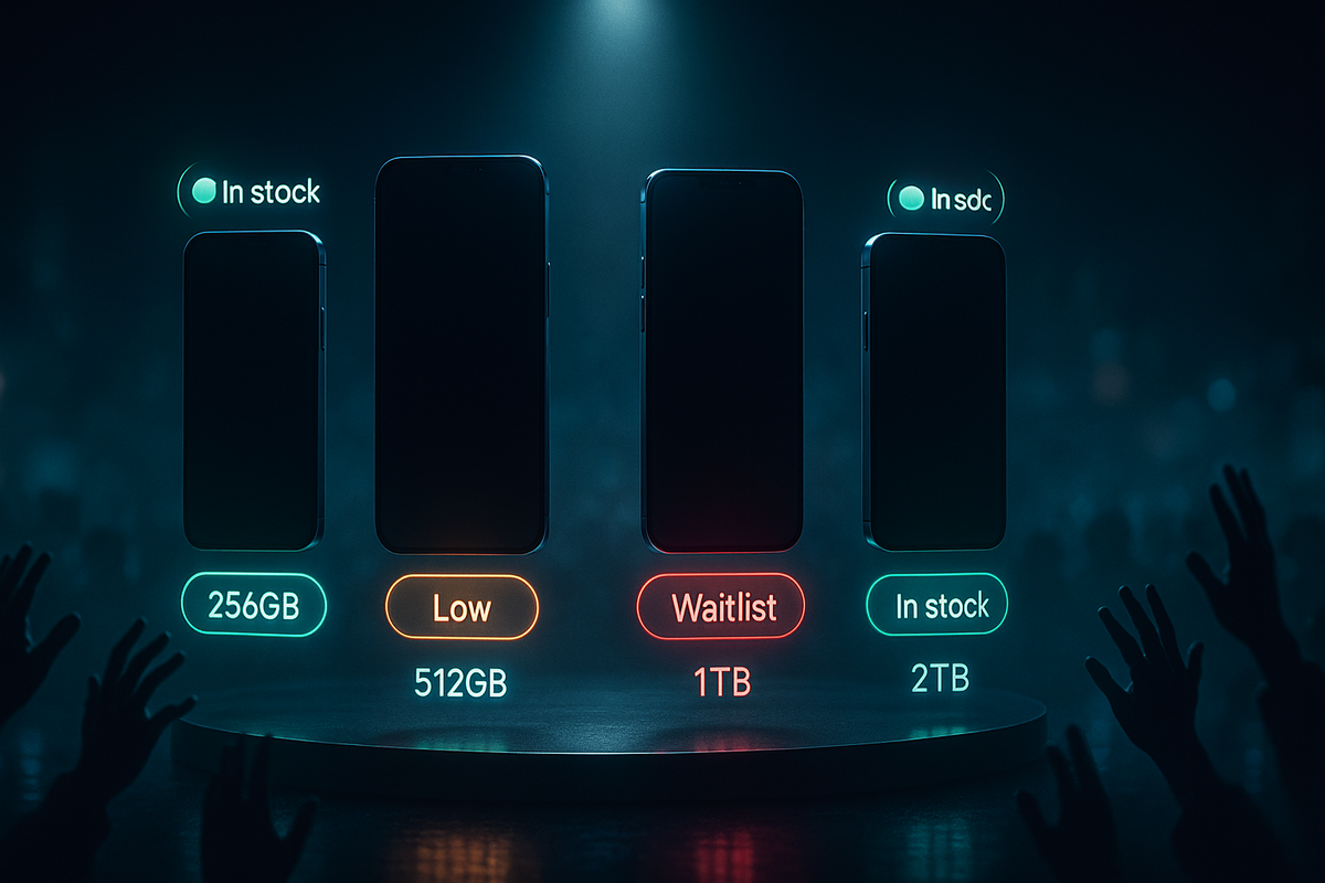Four glowing iPhones on a dark stage labeled 256GB in stock, 512GB low, 1TB waitlist, 2TB in stock—intense spotlight, eager hands reaching, emotional tension of scarcity and desire