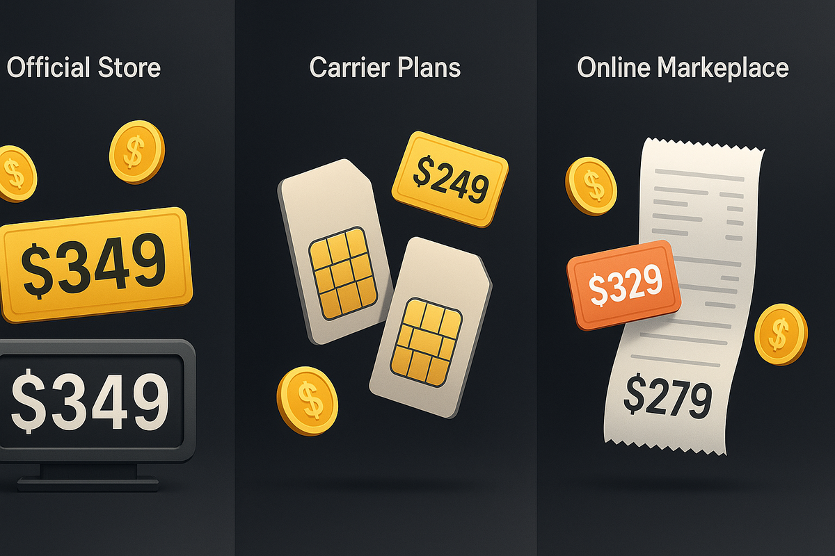 Comparison board with bright gold price tags—Official Store $349, Carrier Plans $249, Online Marketplace $329/$279—emotional tug of cost, savings, and decision pressure