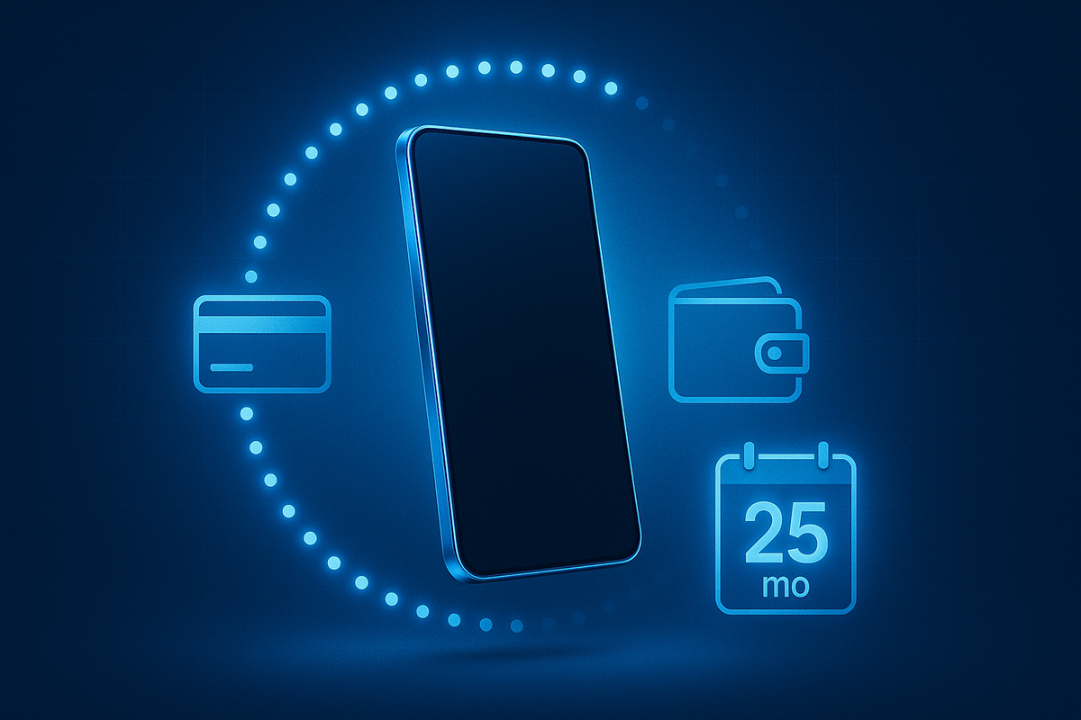 Neon smartphone surrounded by glowing icons of card, wallet, and 25-month calendar—thrilling promise of easy installment payments, futuristic finance glow, smart shopper relief