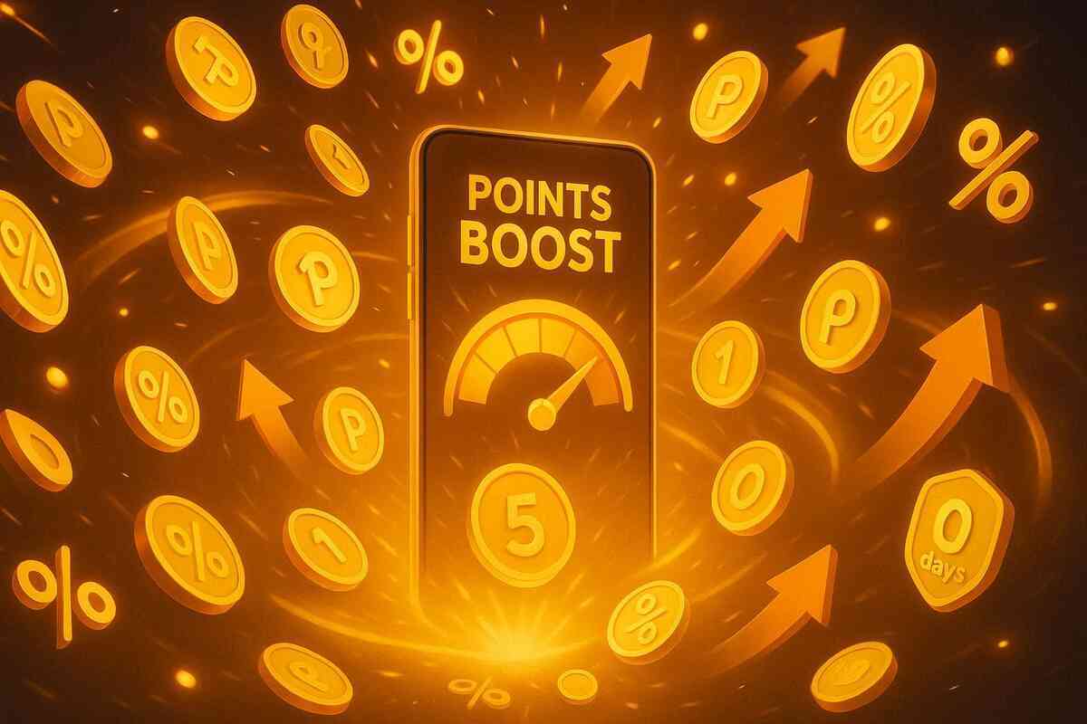 Golden smartphone vortex with coins, % signs, and “POINTS BOOST” glowing—explosive emotional energy of cashback, rewards storm, and irresistible savings rush