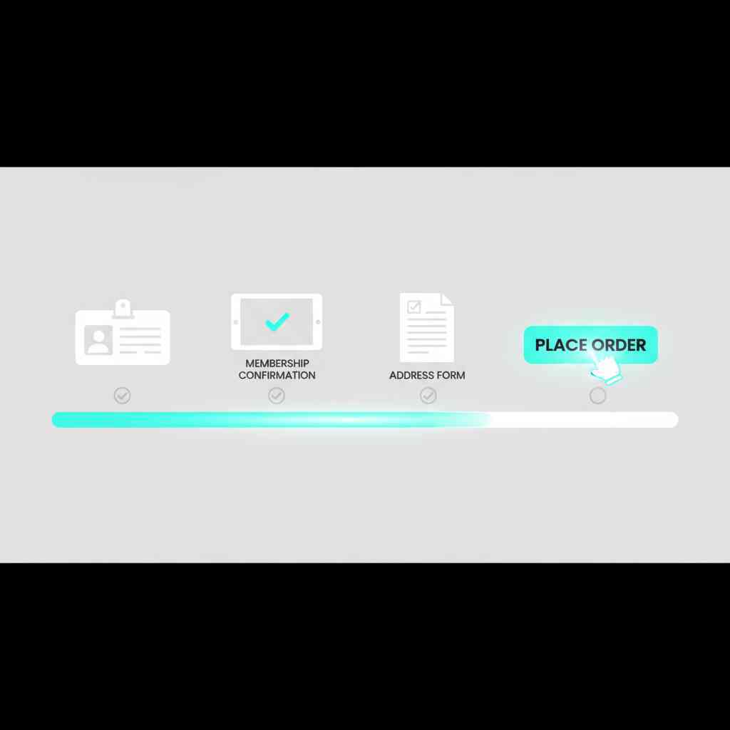 Step-by-step order checklist—ID card, membership confirmation, address form, glowing “PLACE ORDER” button—hopeful progress bar energy, emotional clarity of a smooth purchase journey