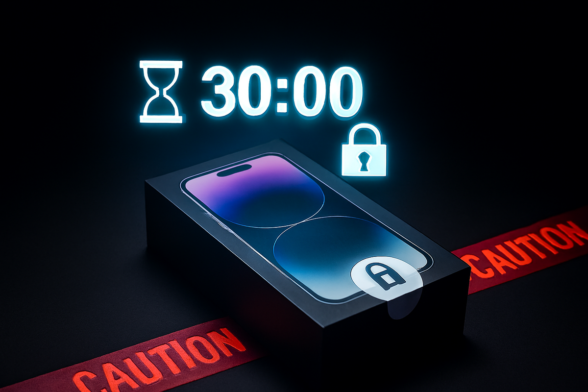 iPhone box under caution tape with glowing lock, countdown timer 30:00—emotional urgency, fear of missing out, and dramatic pressure of strict cancellation policy