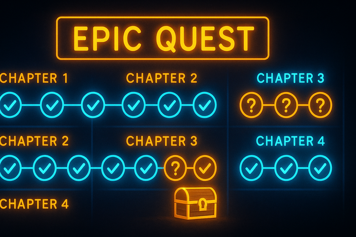 Neon quest board showing chapters with checkmarks, treasure chest rewards, and mystery slots—epic hidden quest progression, suspenseful gamer’s roadmap