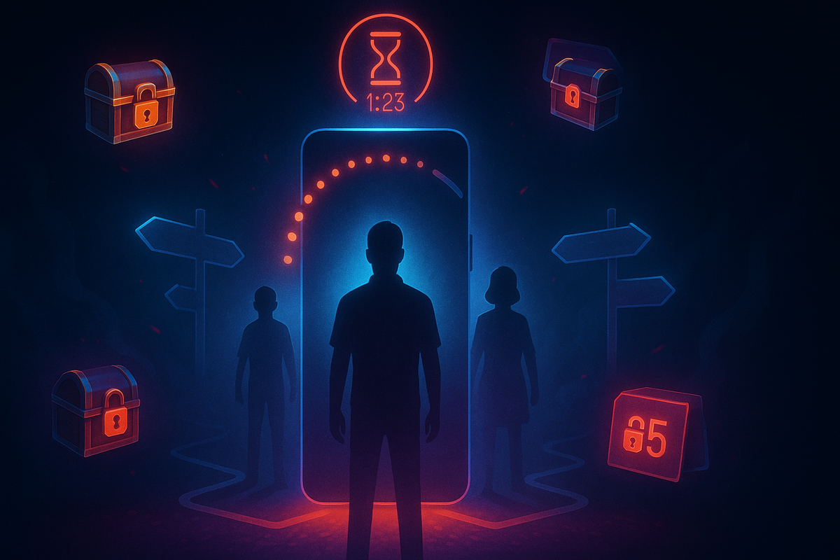 Silhouettes of adventurers facing a glowing portal with ticking hourglass and locked chests—time-limited secret mission, urgent choice, emotional tension