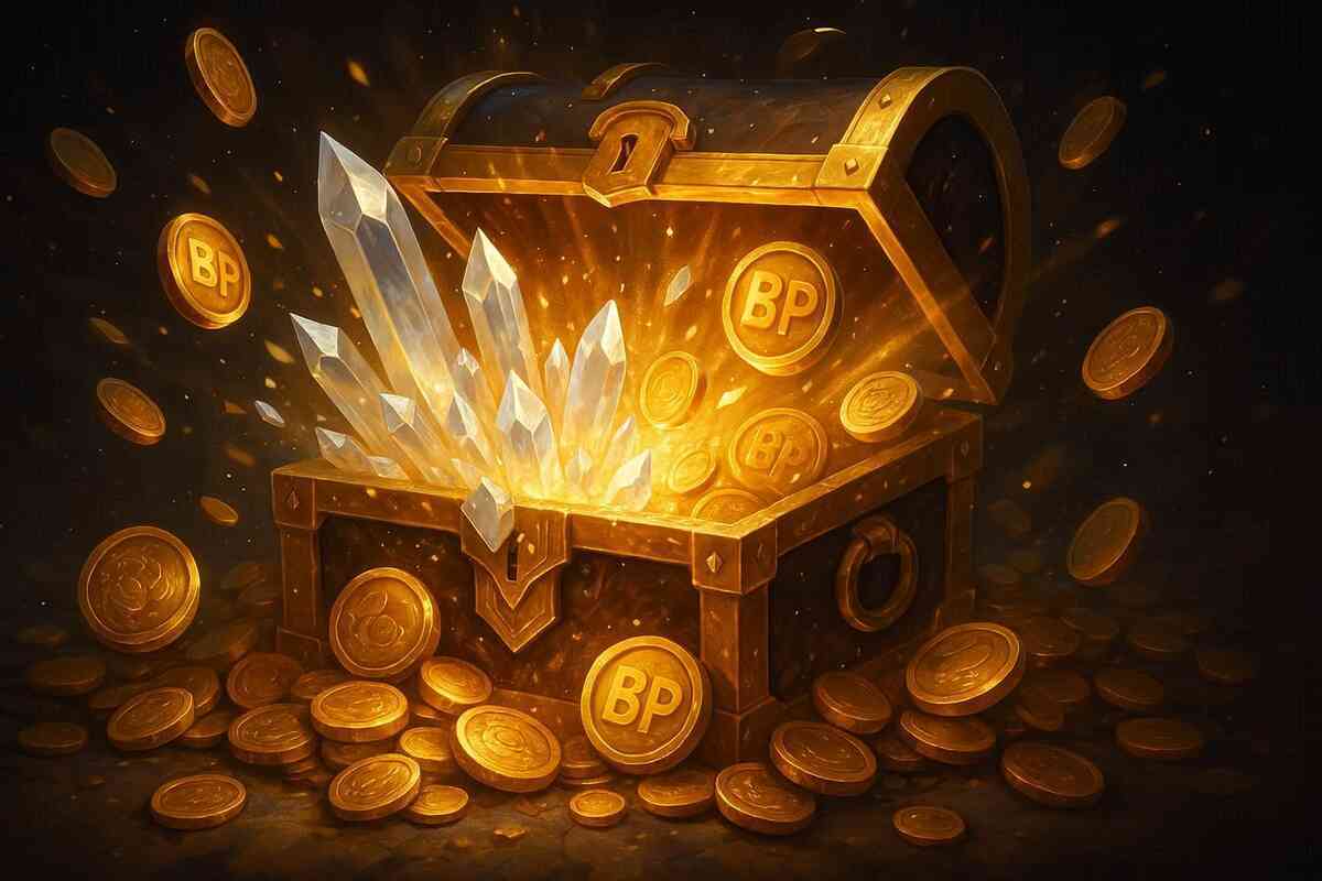 Golden treasure chest bursting with BP coins and shining crystals—glorious reward moment, sparkling joy, ultimate hidden quest prize reveal