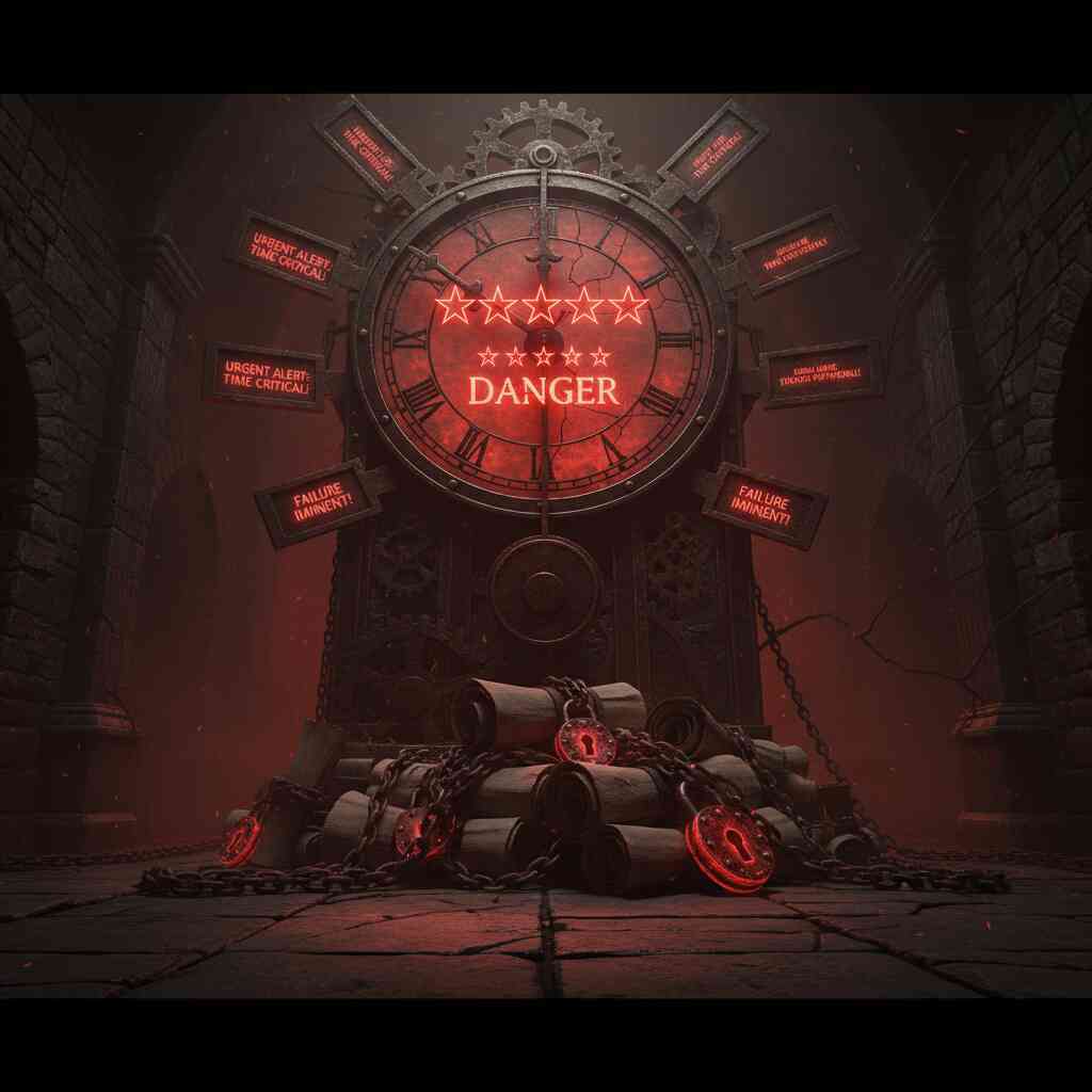 Massive red danger clock with ★★★★★ alert and chained scrolls—time-critical hidden quest risk, dark dungeon dread, intense urgency rising
