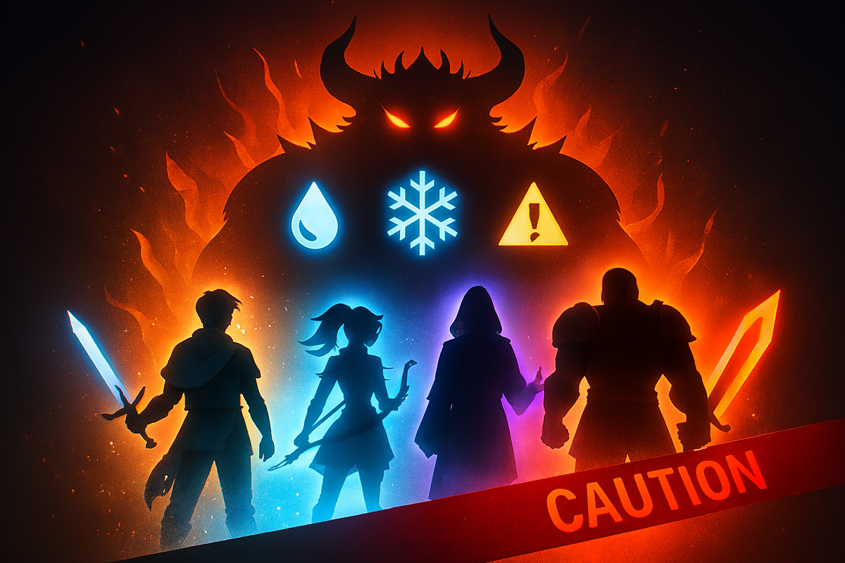 Four heroes confronting a fiery demon with elemental warning icons—epic boss battle, emotional clash of courage and fear, hidden quest ultimate showdown
