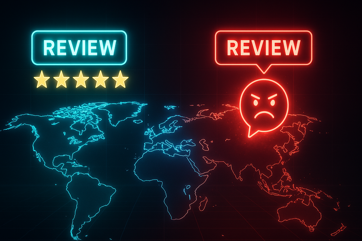 World map split reviews—West glowing 5 stars of joy, East angry red face of frustration—emotional contrast of global gamer opinions