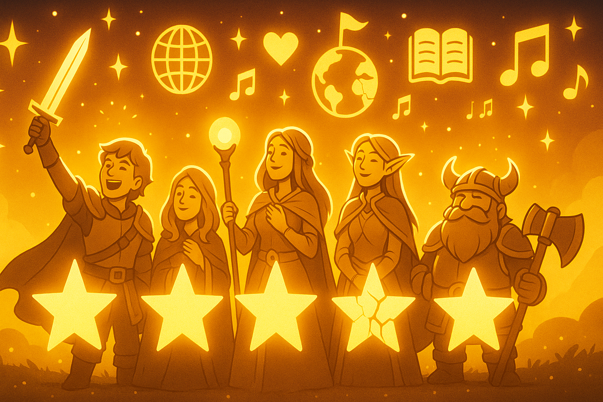 Fantasy heroes under golden stars—sword raised, music and world icons shining—warm celebration of storytelling and RPG magic glowing with nostalgia