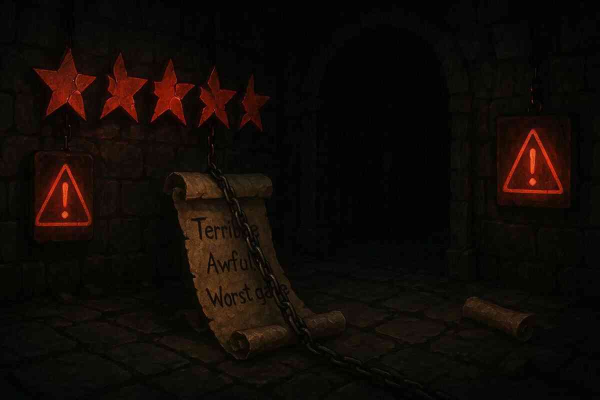 Dark dungeon scroll chained with terrible review words—cracked red stars, danger icons—haunting emotional warning of lowest gamer ratings