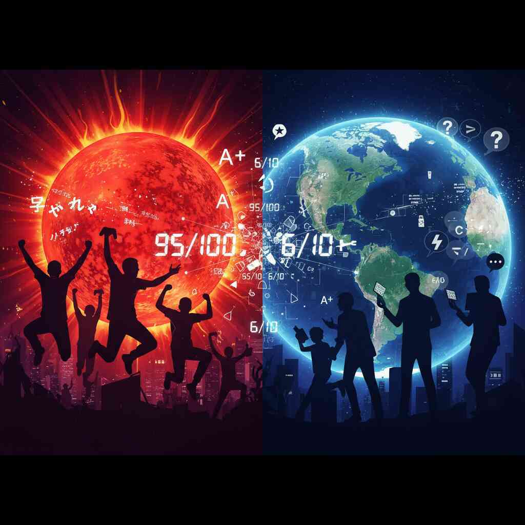 Fiery sun side cheering 95/100 vs cold Earth side puzzled with 6/10—dramatic culture clash of Japanese passion and Western skepticism, cosmic review divide