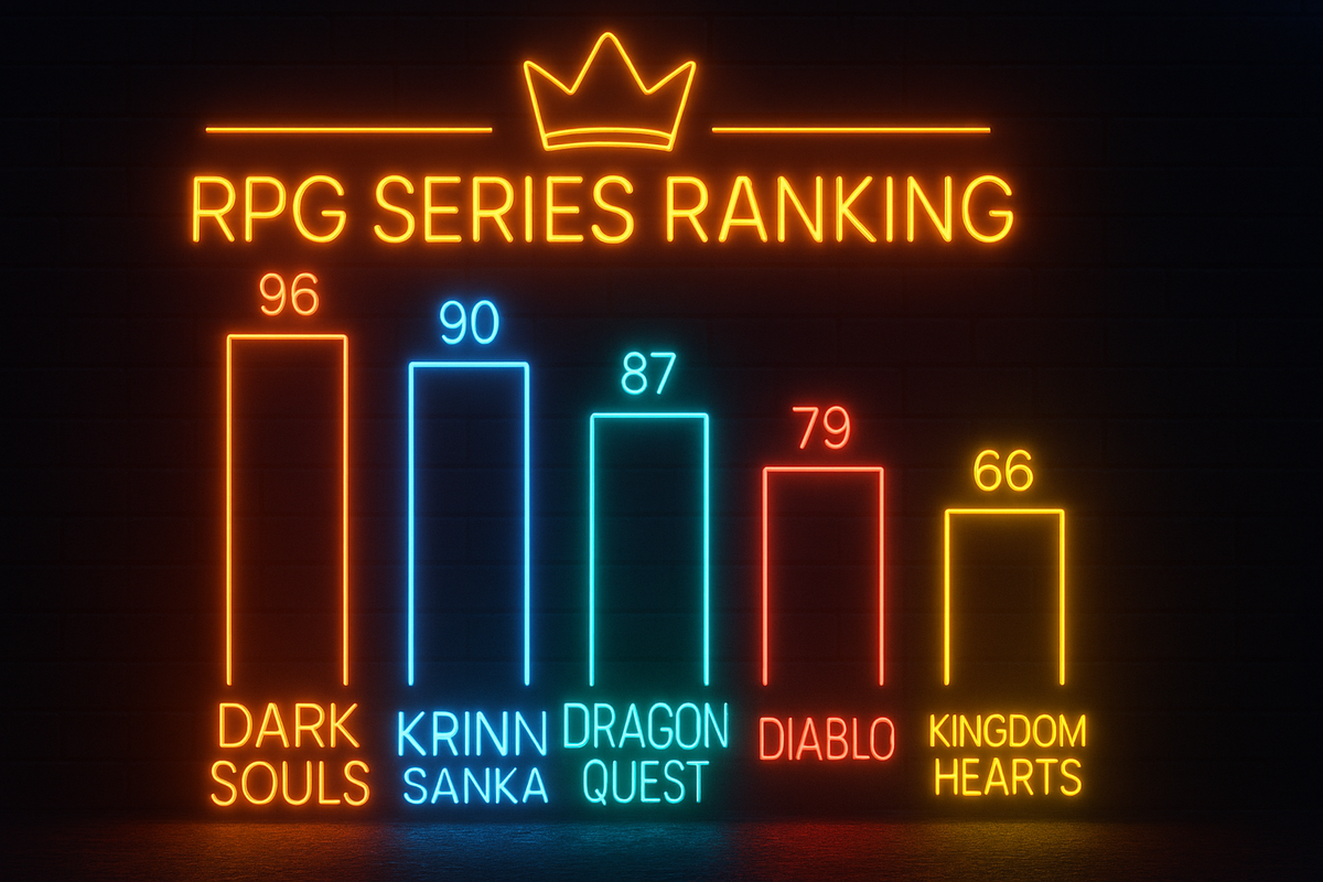 Neon bar chart RPG series ranking—Dark Souls 96, Dragon Quest 87, Diablo 79, Kingdom Hearts 66—explosive triumph and bitter defeat glowing in neon pride