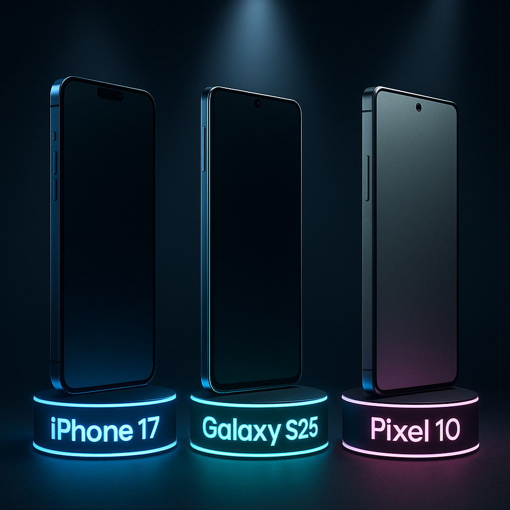 iPhone17, Galaxy S25, Pixel 10 glowing pedestals—head-to-head showdown of flagship giants, thrilling competition, intense buyer dilemma