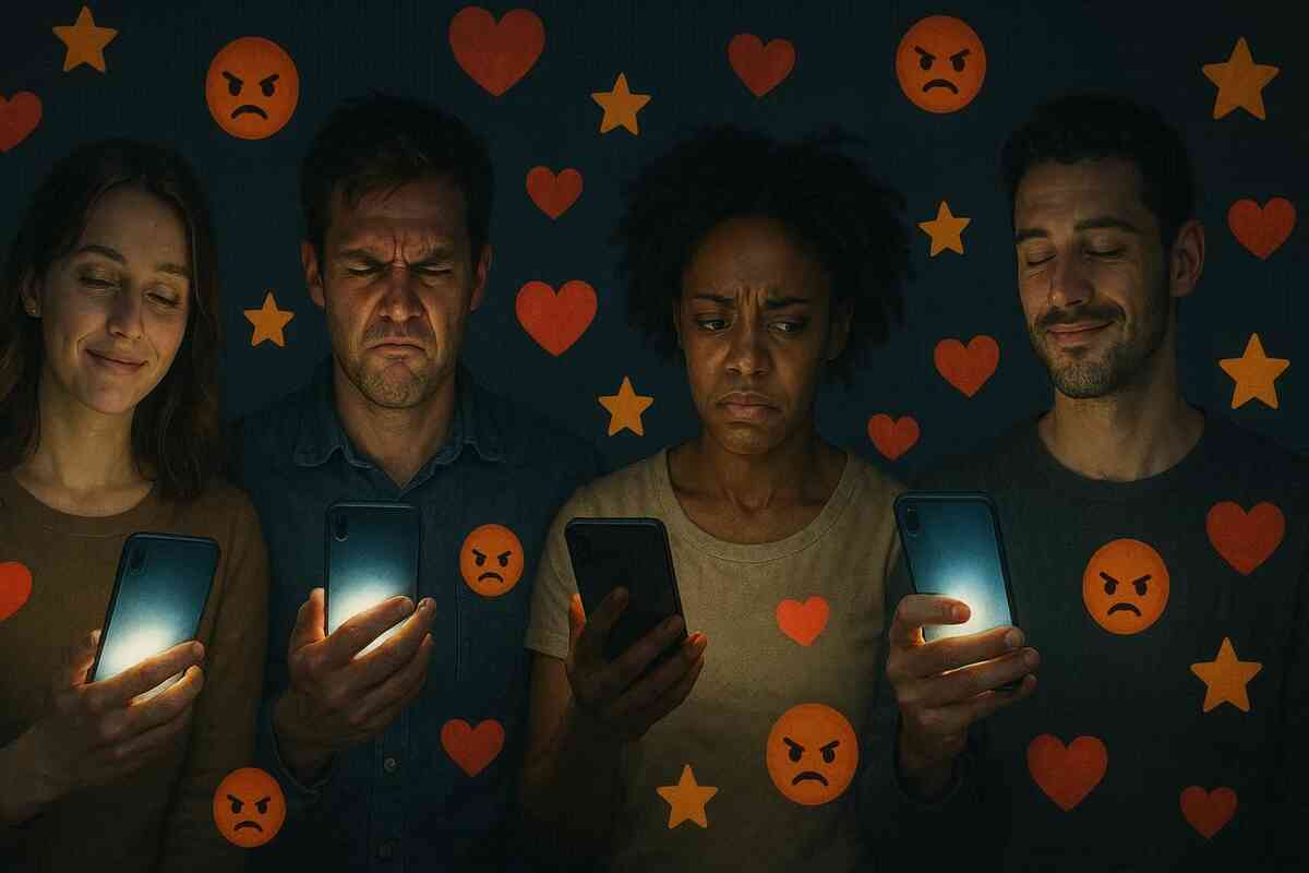 Group of people with glowing smartphones and angry vs happy emoji reactions—raw emotional clash of love and frustration, authentic social media vibes