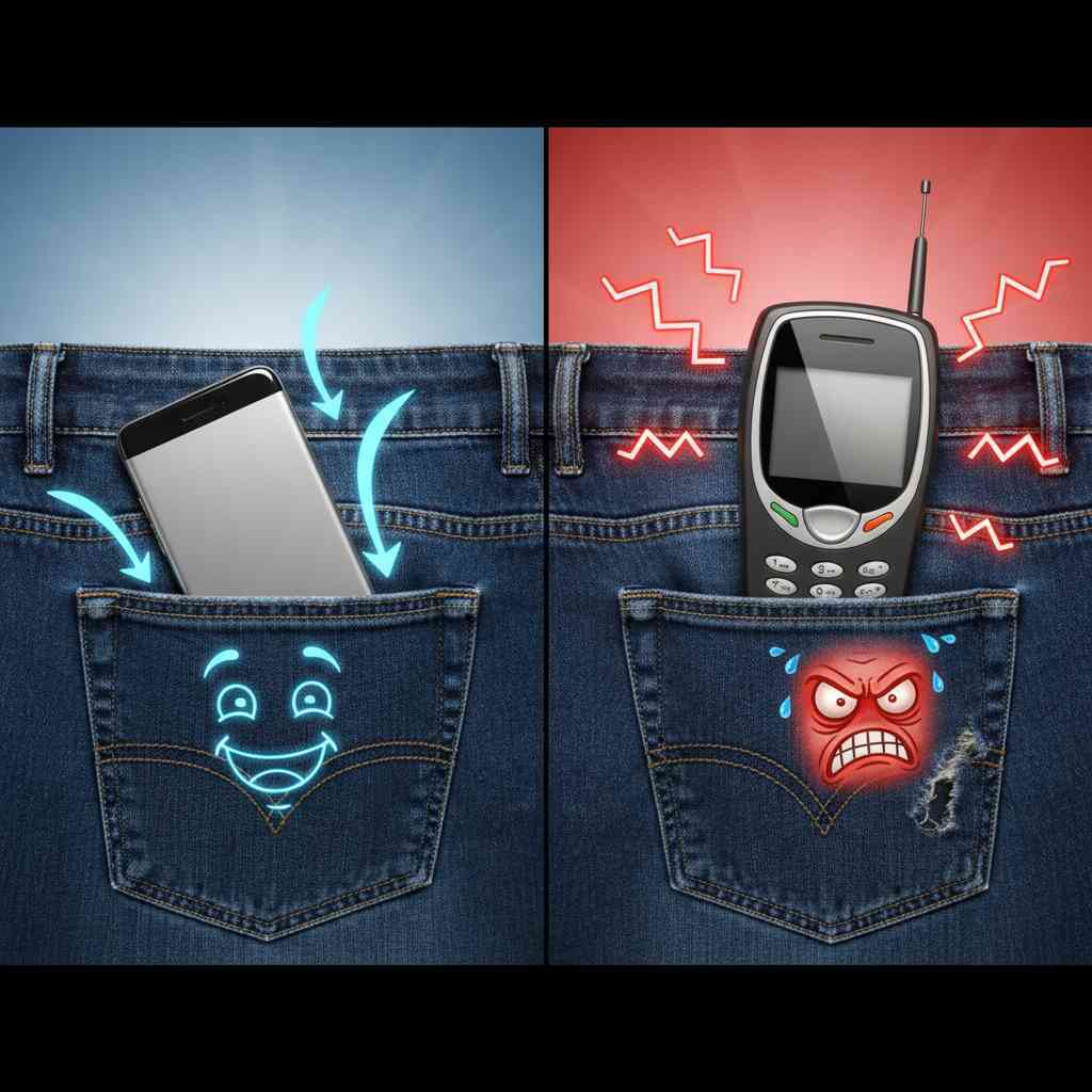 Funny pocket scene with slim smartphone smiling vs bulky phone frowning—emotional relief of portability, frustration of outdated devices, playful contrast