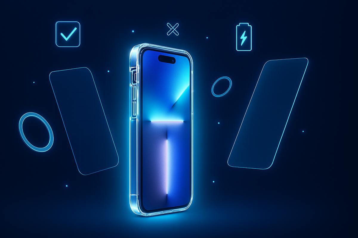 Glowing iPhone with floating accessory icons—compatibility joy, accessory confusion, thrilling tension of choosing the perfect match