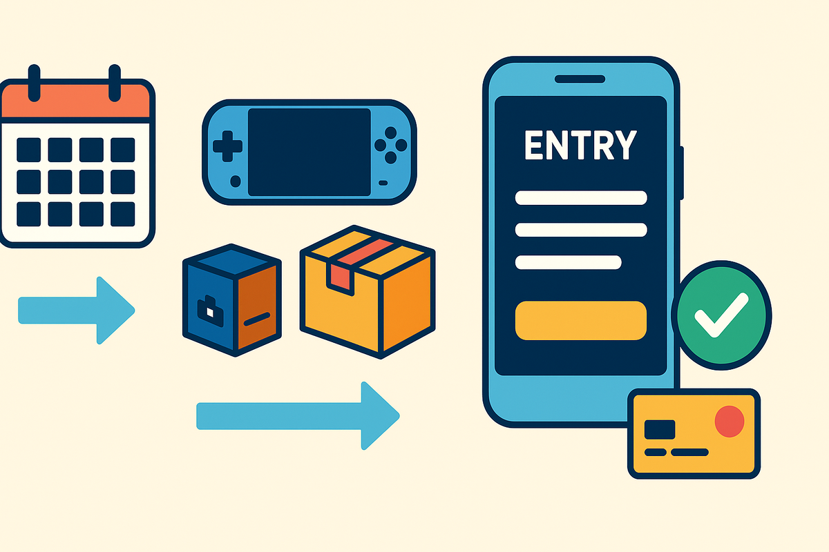 Simple lottery flow infographic—calendar → handheld console → plain boxes → mobile entry with card check—clean, friendly, easy-to-act steps; calm confidence, clutter-free clarity