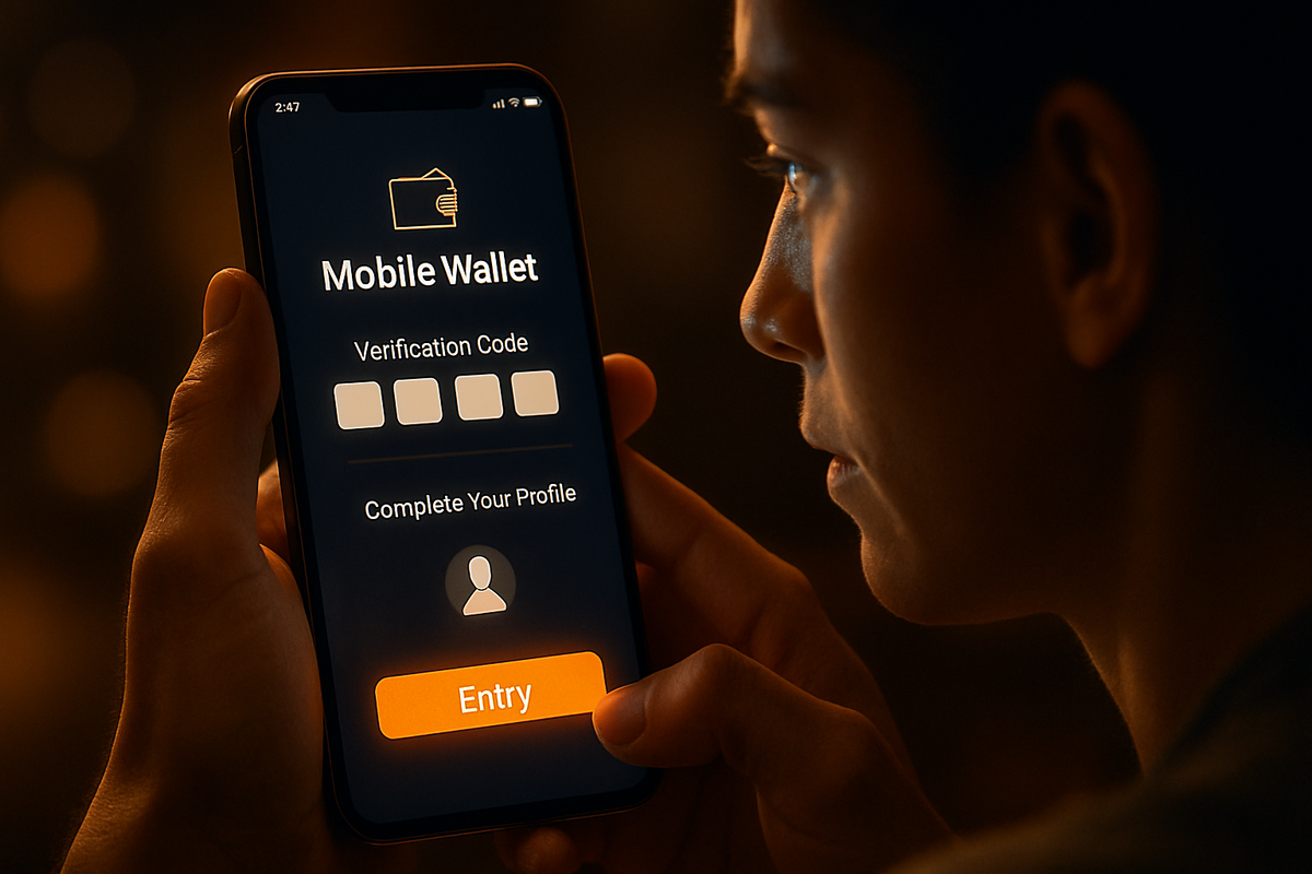 Close-up of mobile wallet verification screen with glowing “Entry” button—focused face, warm light—hopeful determination, steady hands, quiet excitement before submitting